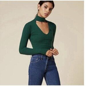 Reformation Womens Piper Top Sz XS Green Ribbed Mock Neck Cut Out Tencel Shirt